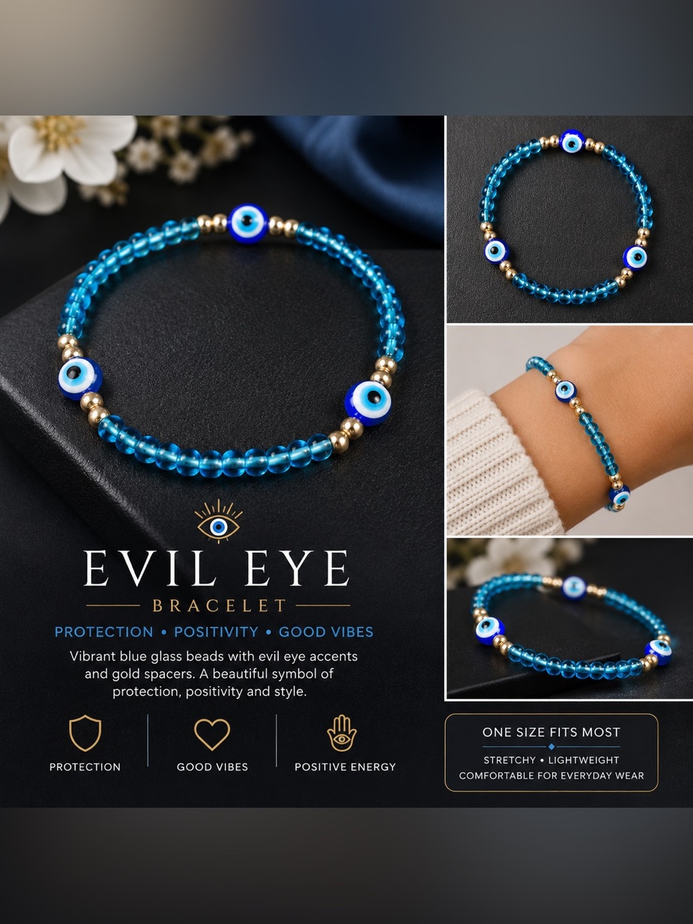 Evil Eye Stretch Bracelet - Blue Glass Beads with Gold Accents #58